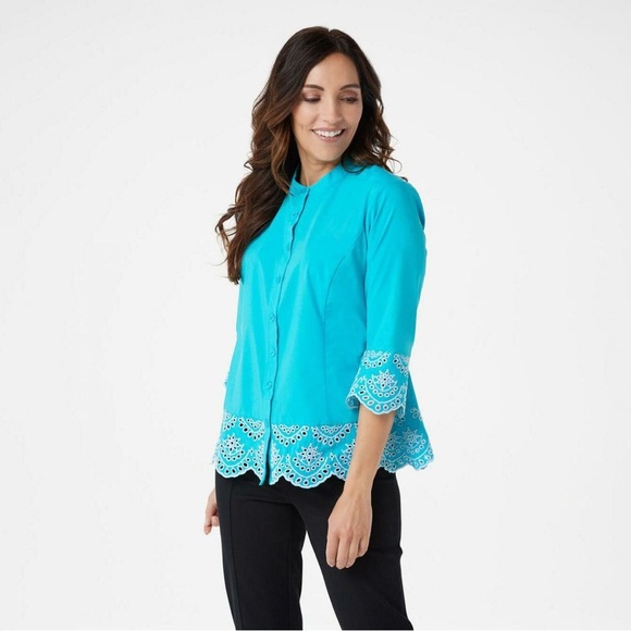 NEW Bob Mackie Women‎ Top XS Blue White Embroidered Prairie Boho Preppy Summer - Picture 1 of 10